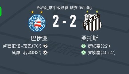 九游app-巴伊亚2-2桑托斯，罗埃塞打破僵局，威廉-若泽扳平